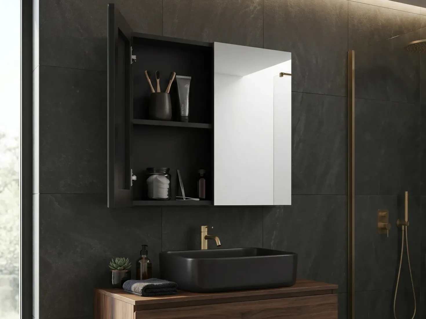 Armadio a muro per specchio da bagno NAVARRA 80 cm 70 cm Nero