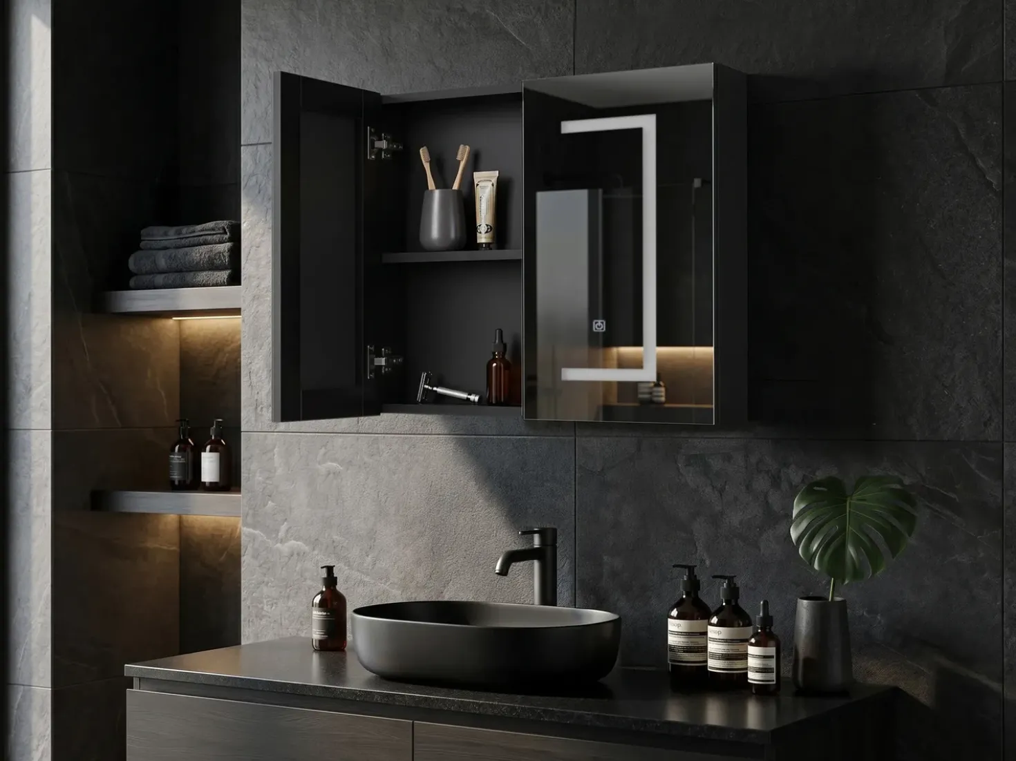 Armadio a muro per specchio da bagno LED MAZARREDO 60 cm 60 cm Nero