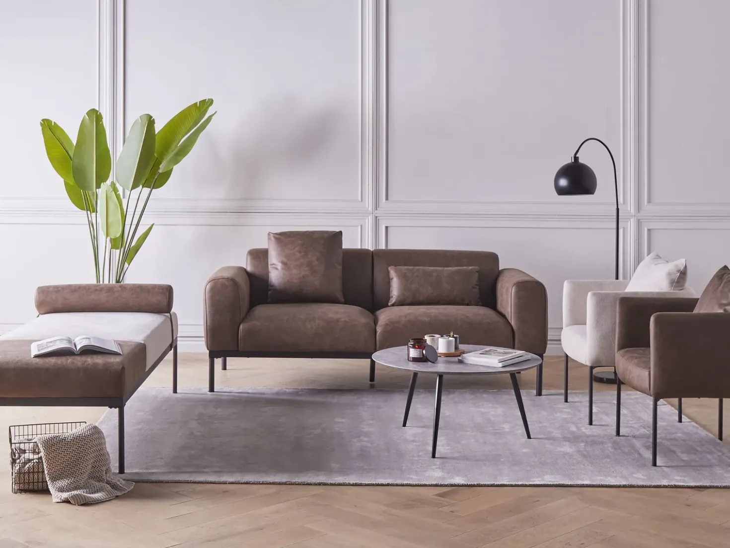 Chaise longue MALMOS Lino sintetico Pelle sintetica Marrone scuro