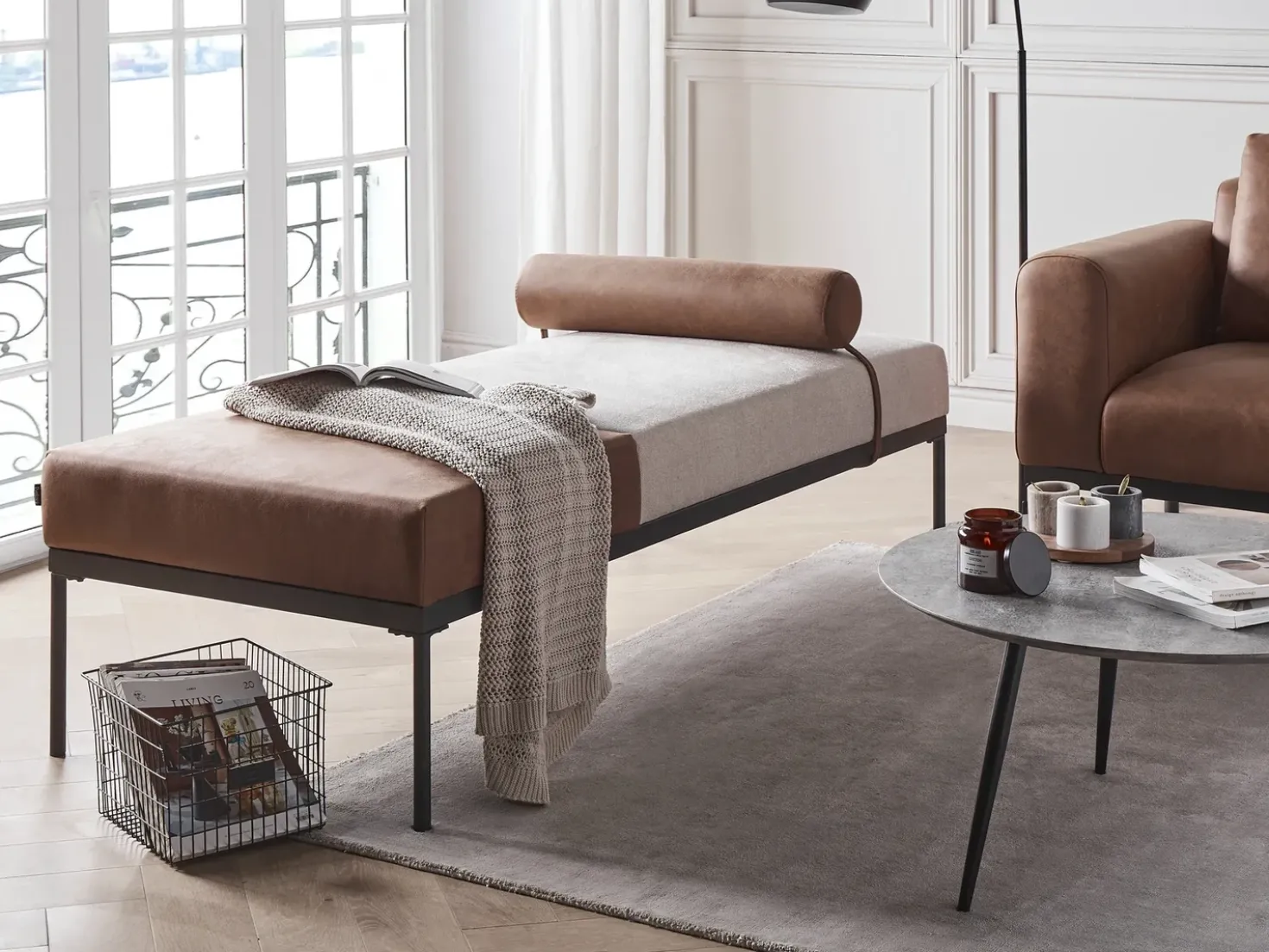 Chaise longue MALMOS Lino sintetico Pelle sintetica Marrone