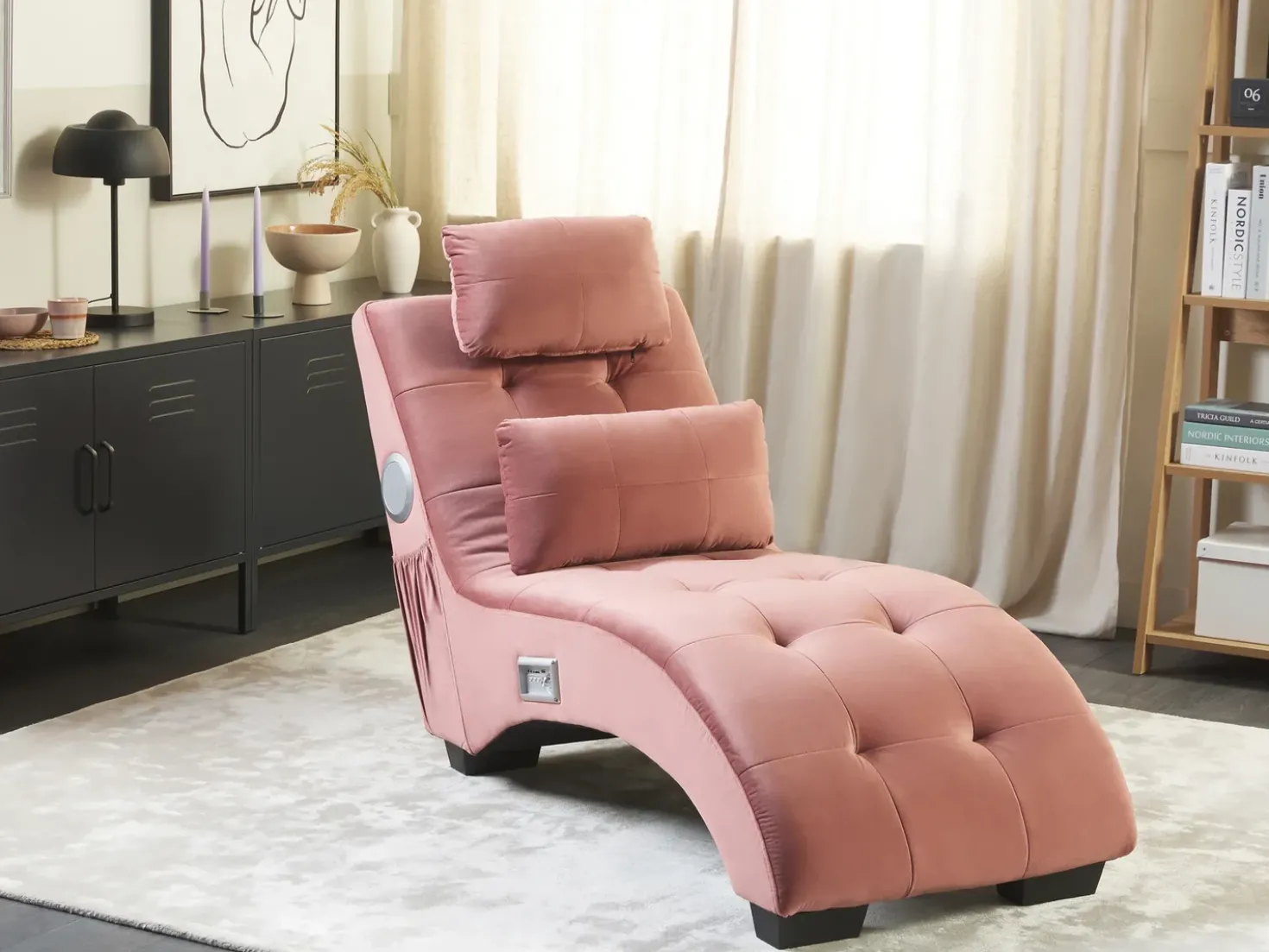 Chaise longue SIMORRE Velluto Rosa pastello con altoparlante Bluetooth integrato