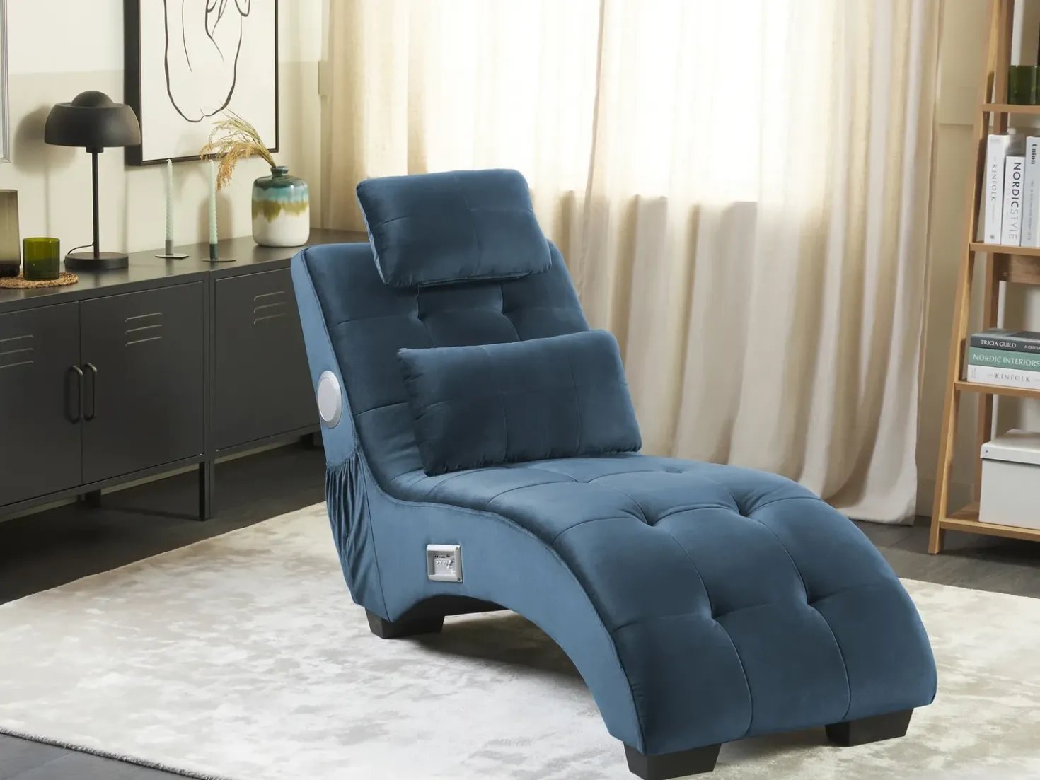 Chaise longue SIMORRE Velluto Blu scuro con altoparlante Bluetooth integrato