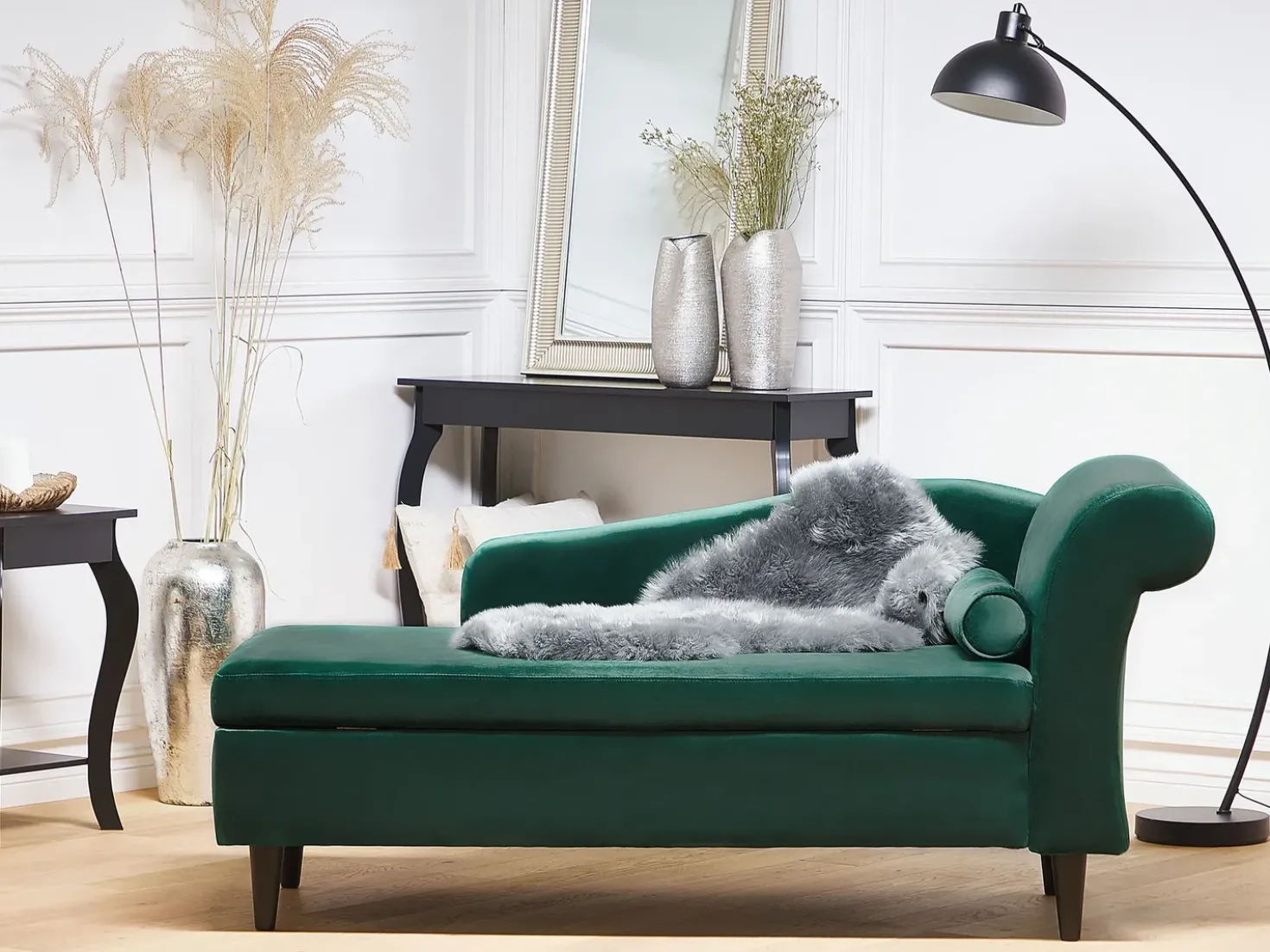Chaise longue versione destra LUIRO Velluto Verde scuro con contenitore