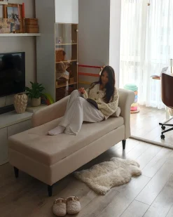 Chaise longue versione destra LUIRO Velluto Beige con contenitore