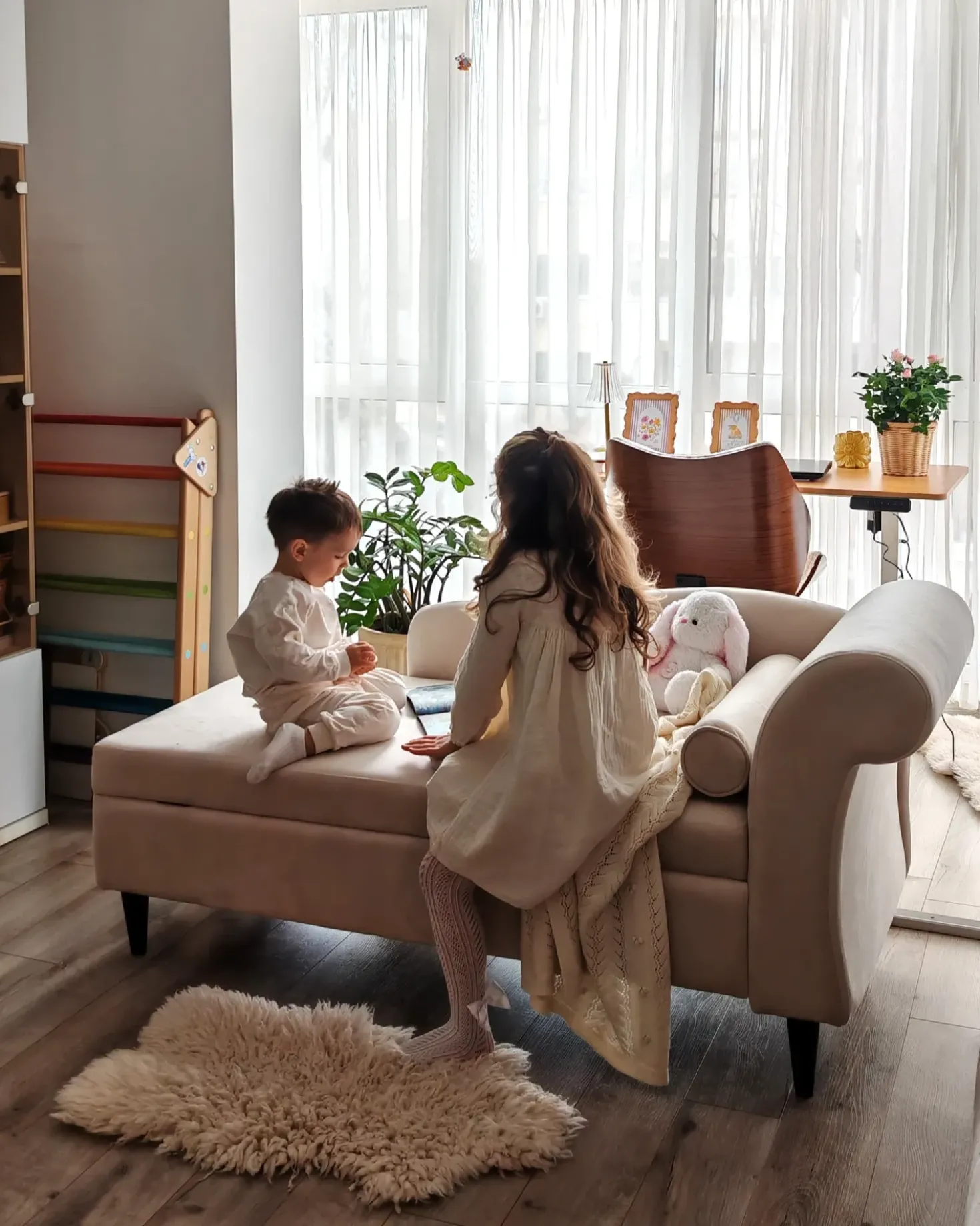 Chaise longue versione destra LUIRO Velluto Beige con contenitore
