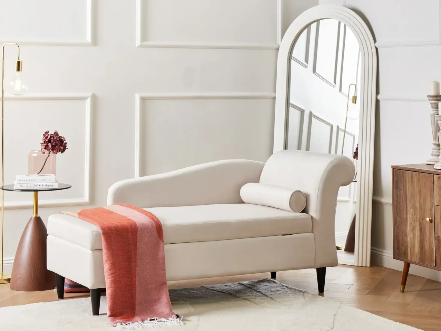 Chaise longue versione destra LUIRO Velluto Beige con contenitore