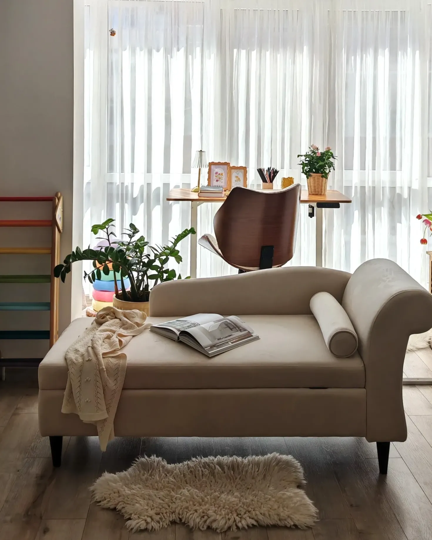 Chaise longue versione destra LUIRO Velluto Beige con contenitore