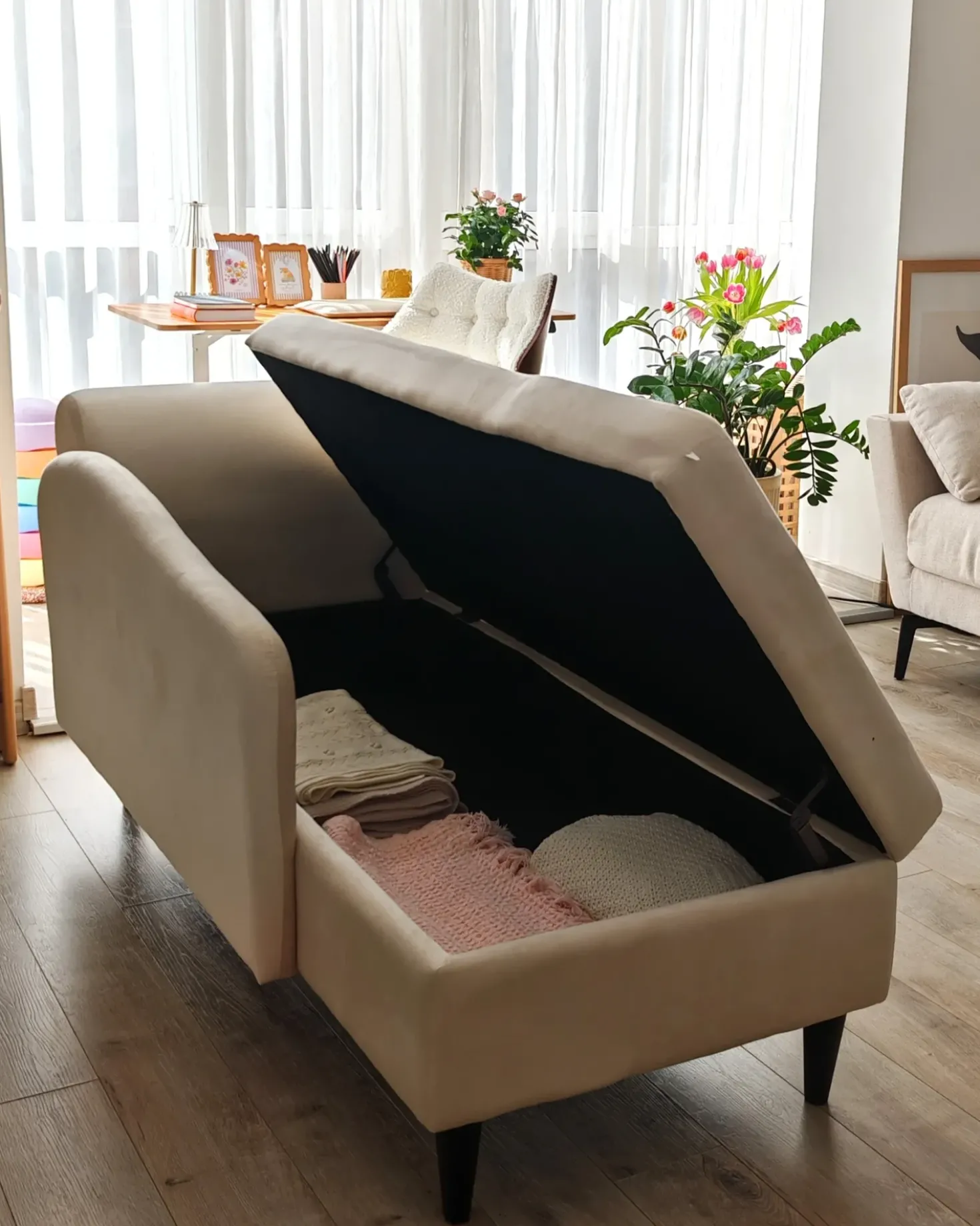 Chaise longue versione destra LUIRO Velluto Beige con contenitore