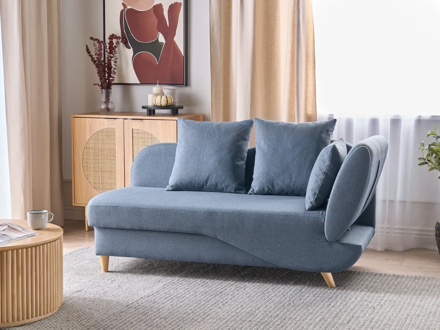 Chaise longue versione destra MERI Lino sintetico Blu scuro con contenitore