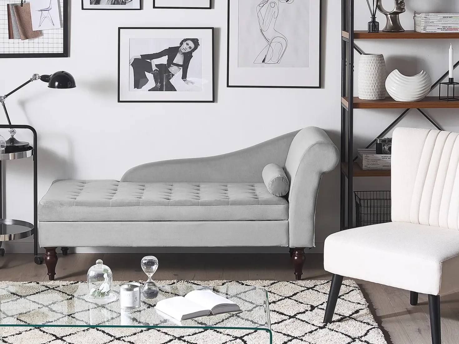 Chaise longue versione destra PESSAC Velluto Grigio chiaro con contenitore
