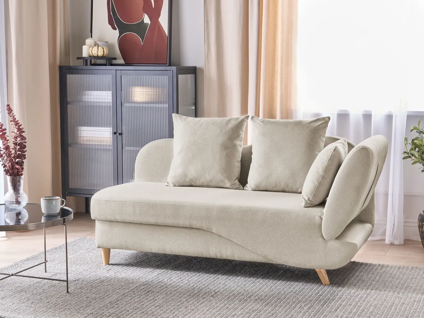 Chaise longue versione destra MERI Lino sintetico Beige con contenitore
