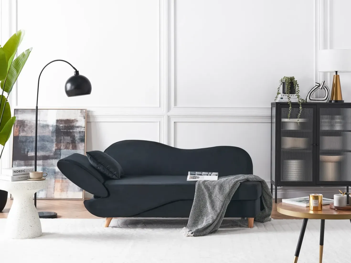 Chaise longue versione sinistra MERI Velluto Nero con contenitore