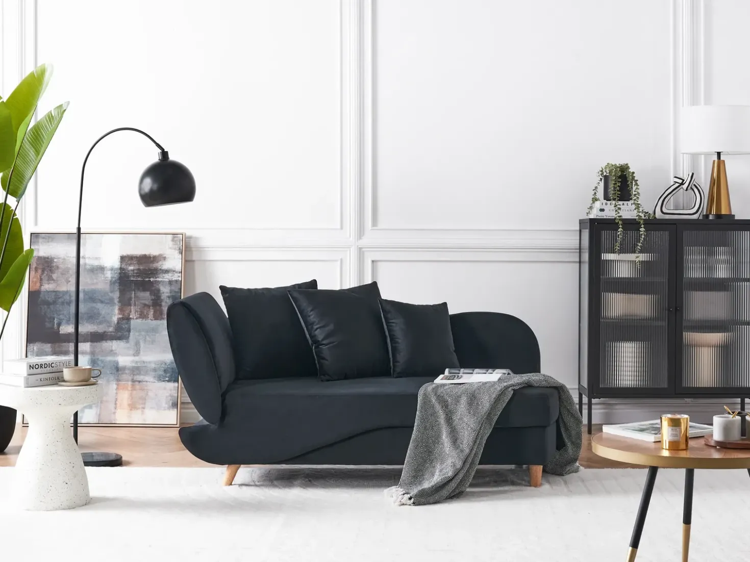 Chaise longue versione sinistra MERI Velluto Nero con contenitore