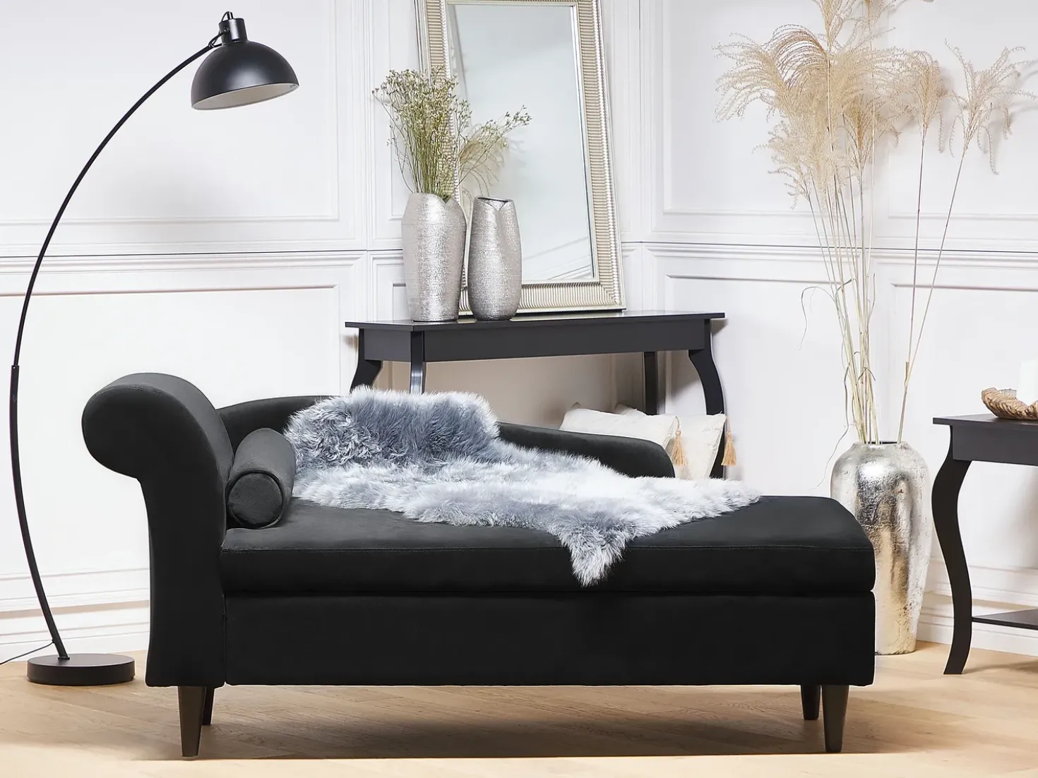 Chaise longue versione sinistra LUIRO Velluto Nero con contenitore