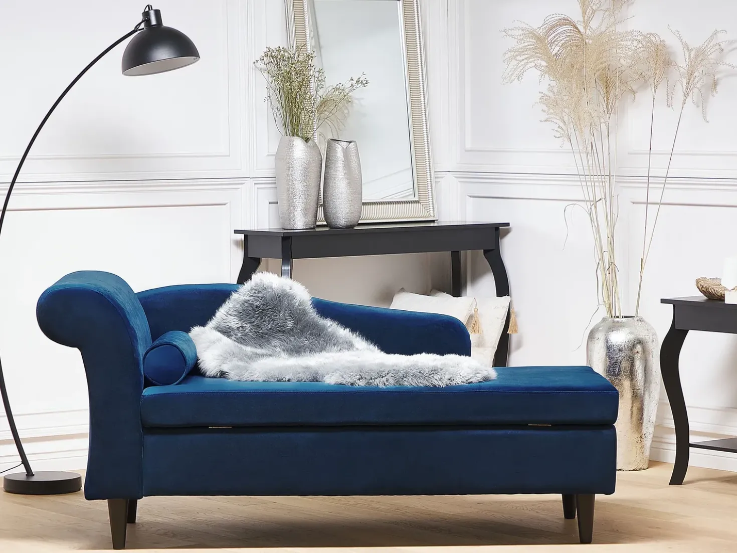Chaise longue versione sinistra LUIRO Velluto Blu marino con contenitore