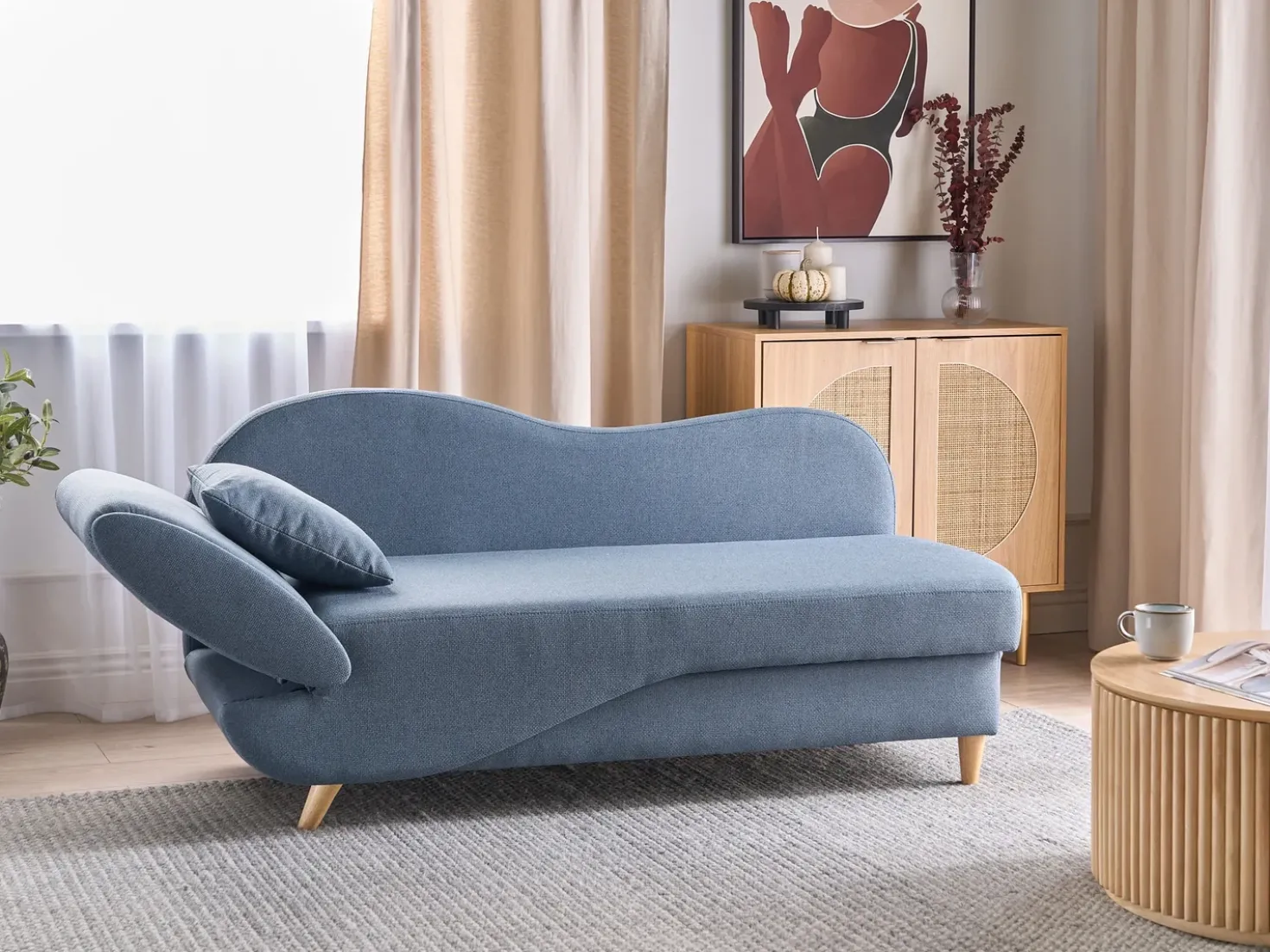 Chaise longue versione sinistra MERI Lino sintetico Blu scuro con contenitore