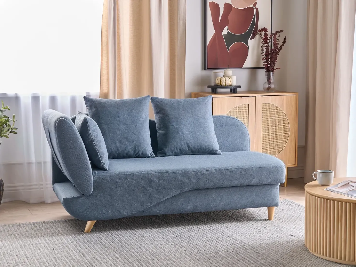Chaise longue versione sinistra MERI Lino sintetico Blu scuro con contenitore