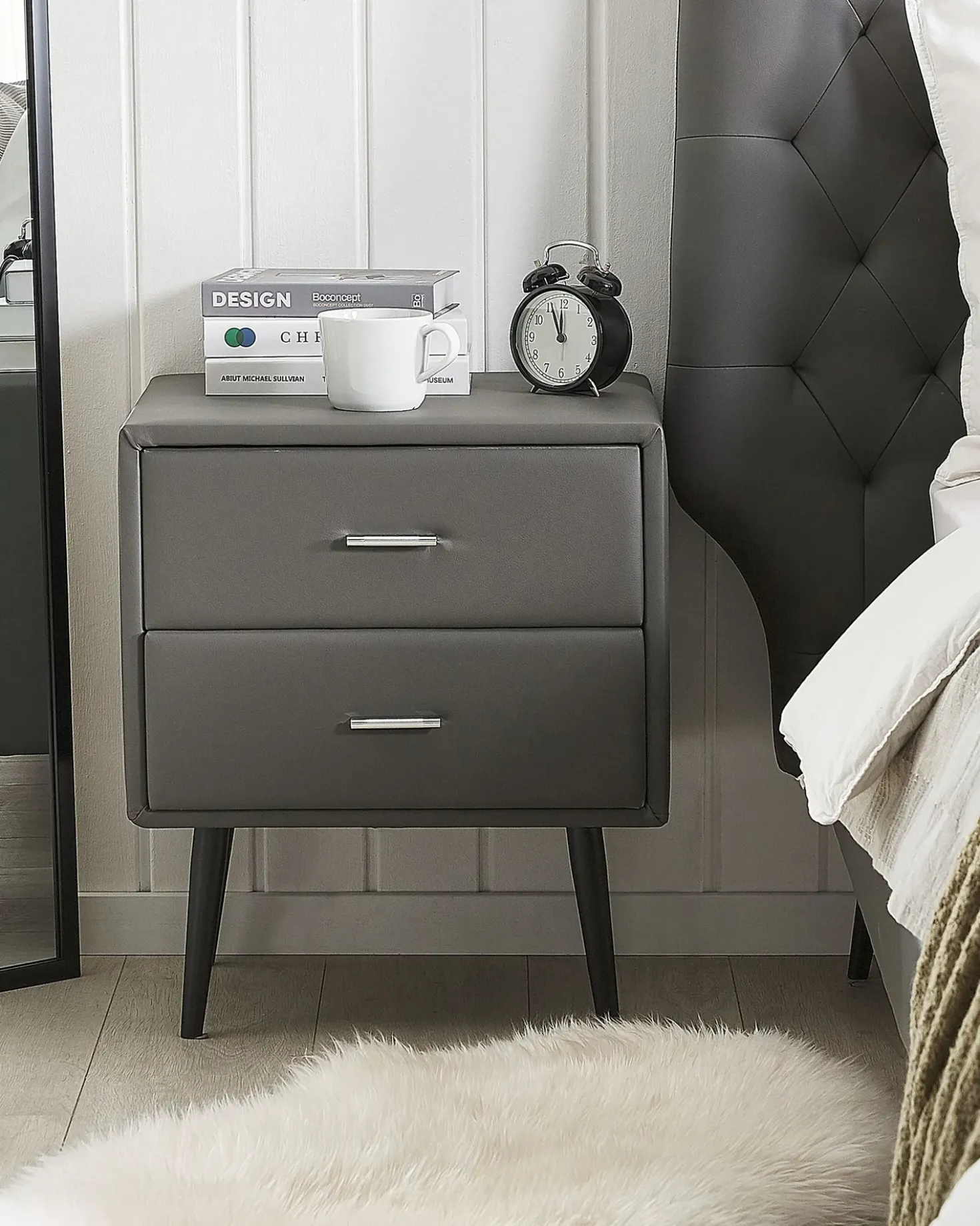 Comodino 2 cassetti ESSONNE Pelle sintetica Grigio