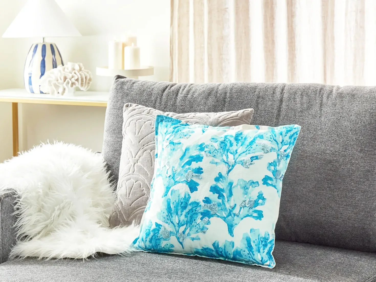 Cuscino decorativo ROCKWEED Cotone 45 x 45 cm Bianco Trama floreale