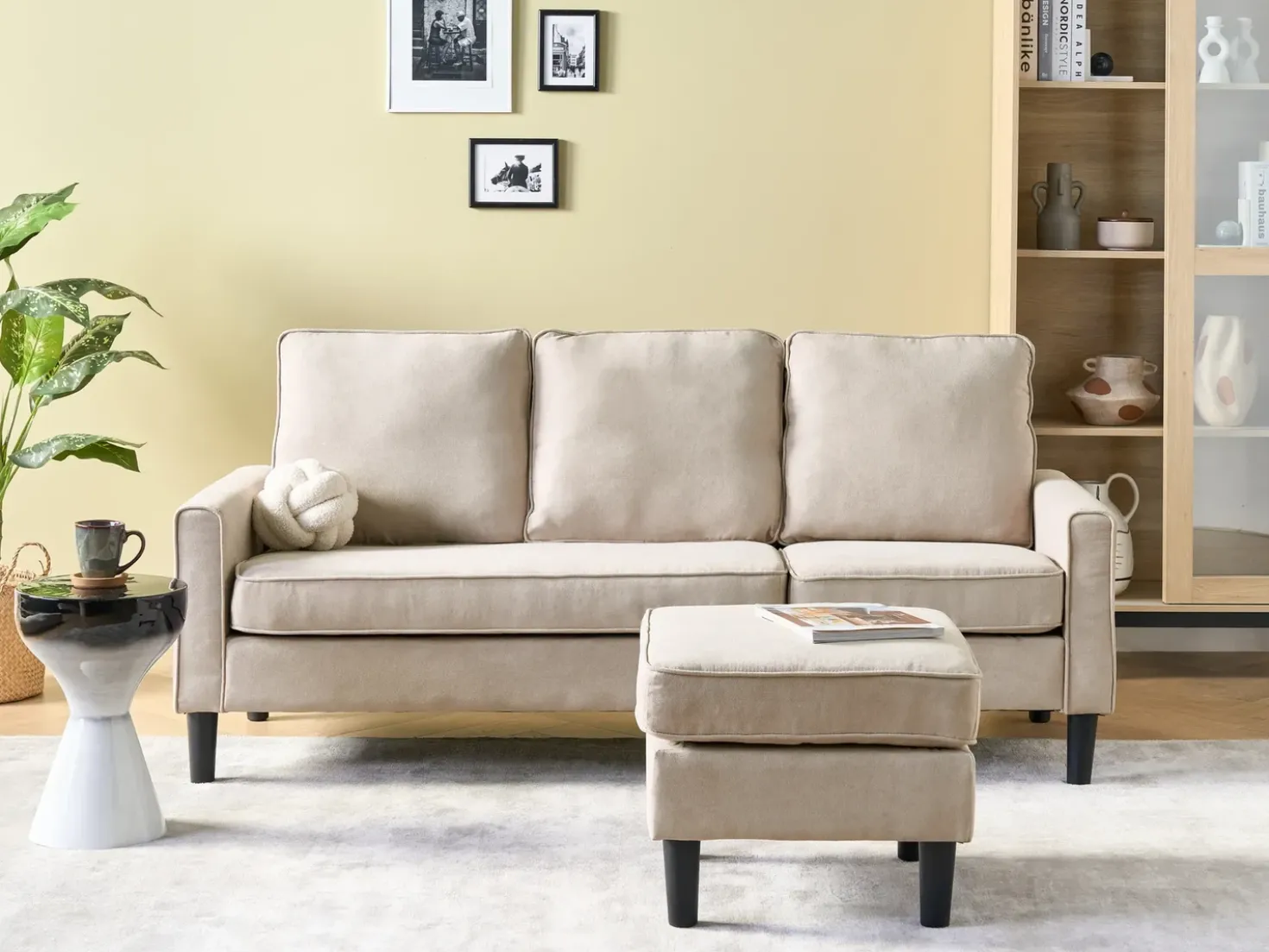 Divano 3 posti AVESTA Tessuto Beige con ottomana