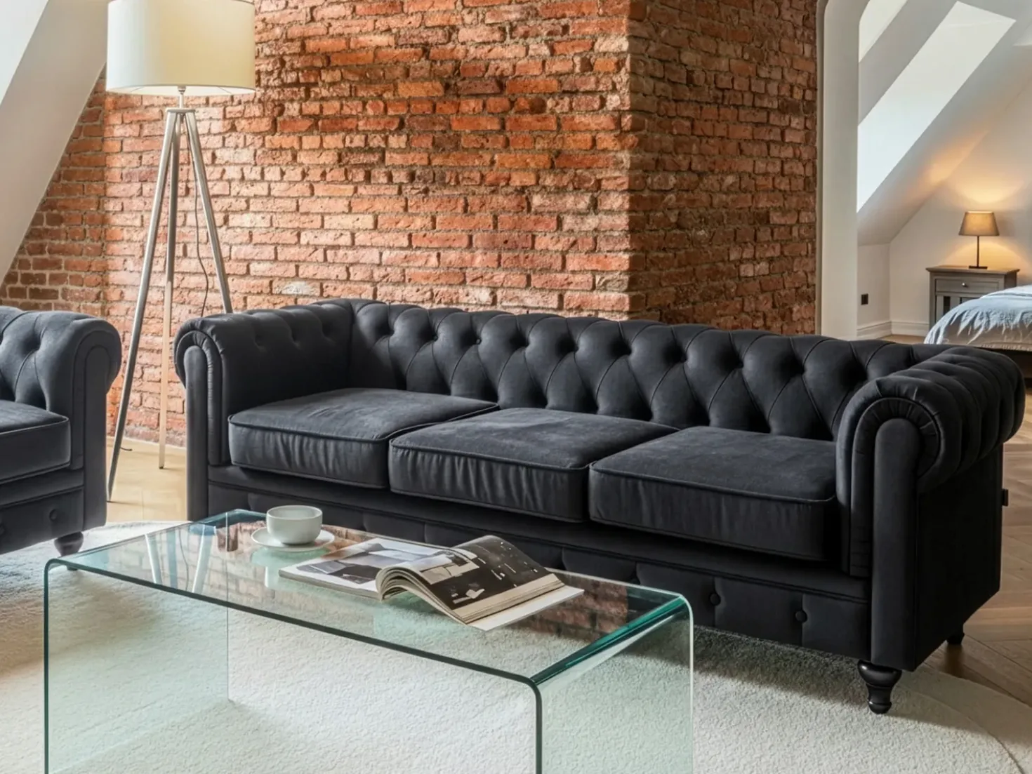 Divano 3 posti CHESTERFIELD Velluto Nero
