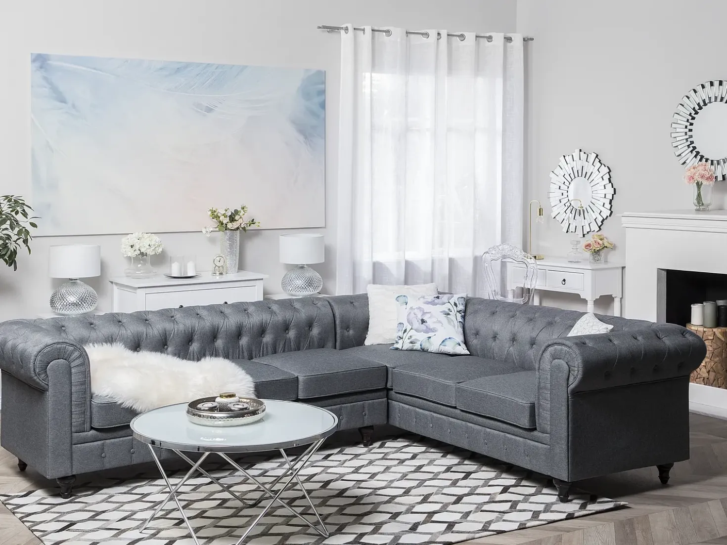 Divano angolare 6 posti CHESTERFIELD Tessuto Grigio Lato Sinistro