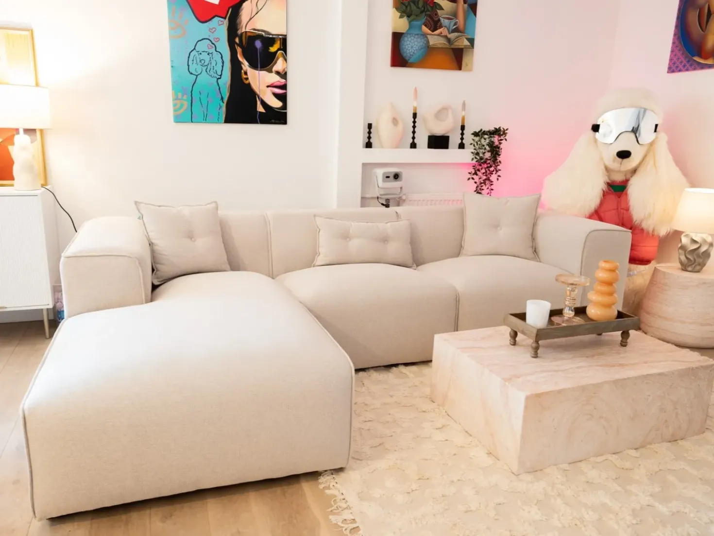 Divano angolare 3 posti DOLVA Tessuto Beige chiaro Lato destro