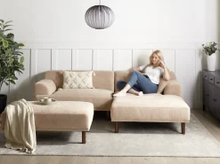 Divano angolare 3 posti HOLT Tessuto Beige con ottomana Lato Sinistro