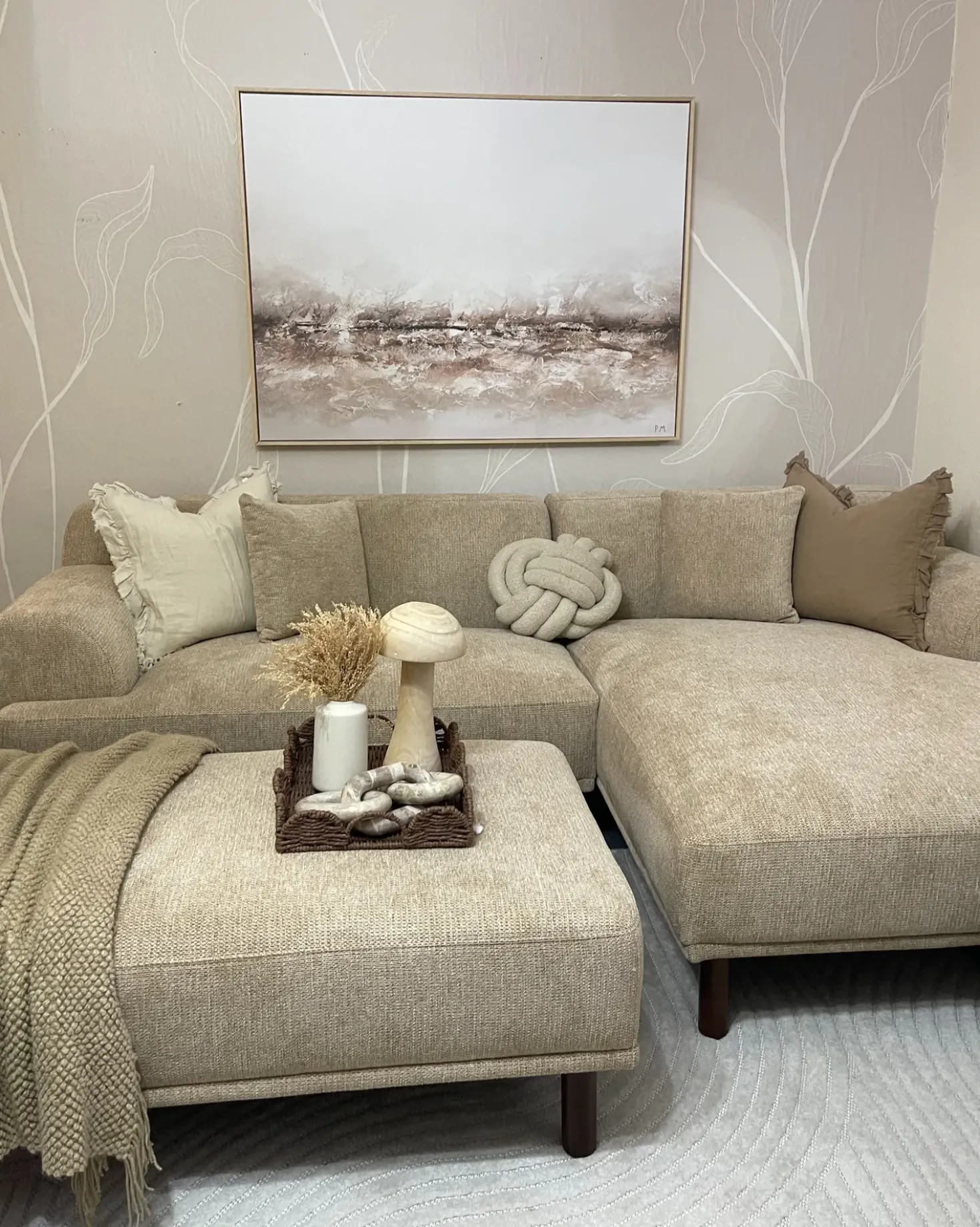 Divano angolare 3 posti HOLT Tessuto Beige con ottomana Lato Sinistro