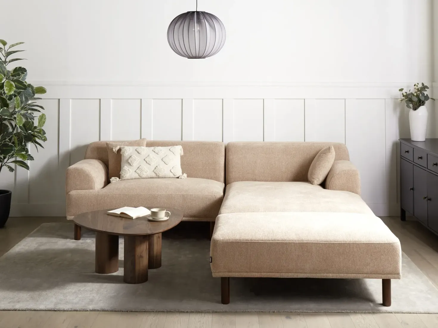 Divano angolare 3 posti HOLT Tessuto Beige con ottomana Lato Sinistro