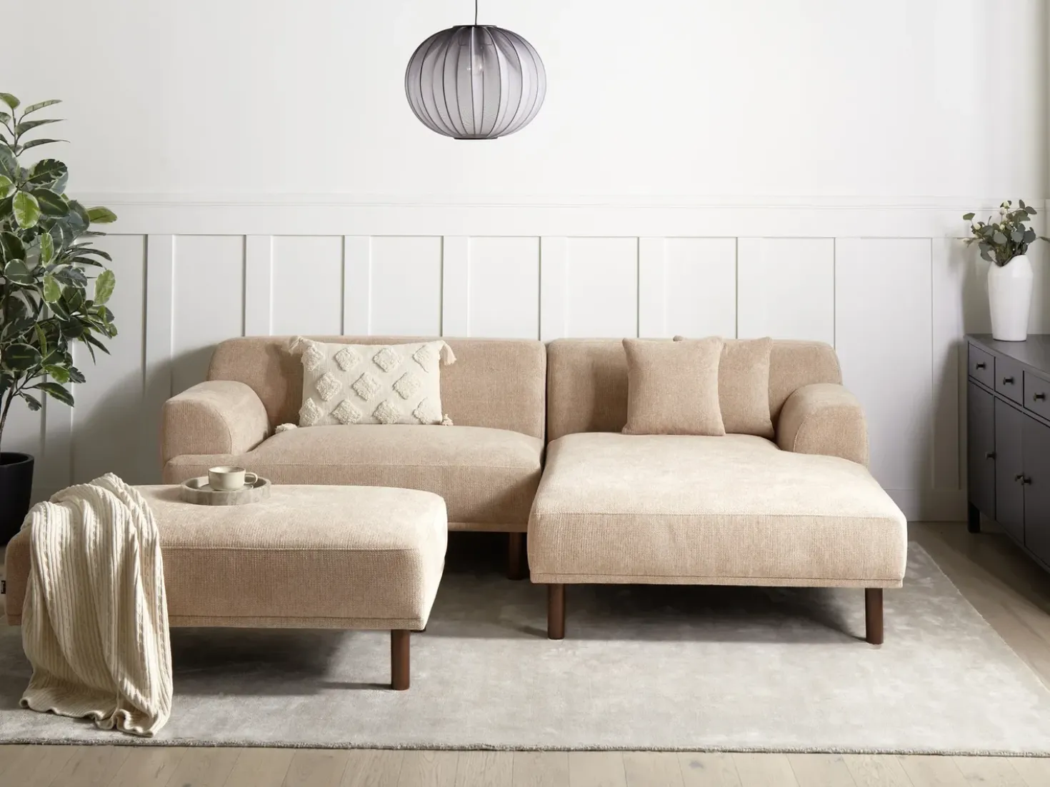 Divano angolare 3 posti HOLT Tessuto Beige con ottomana Lato Sinistro