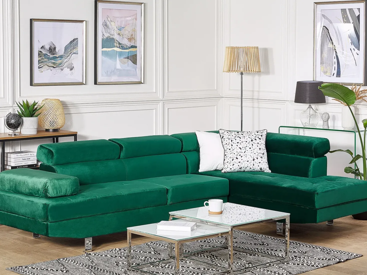Divano angolare 5 posti NORREA Velluto Verde smeraldo Lato Sinistro