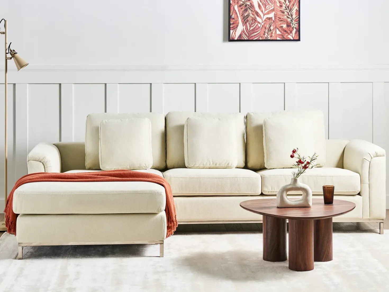 Divano angolare 5 posti OSLO Tessuto Beige con ottomana Lato destro