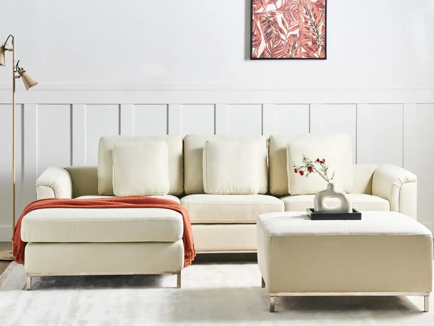 Divano angolare 5 posti OSLO Tessuto Beige con ottomana Lato destro