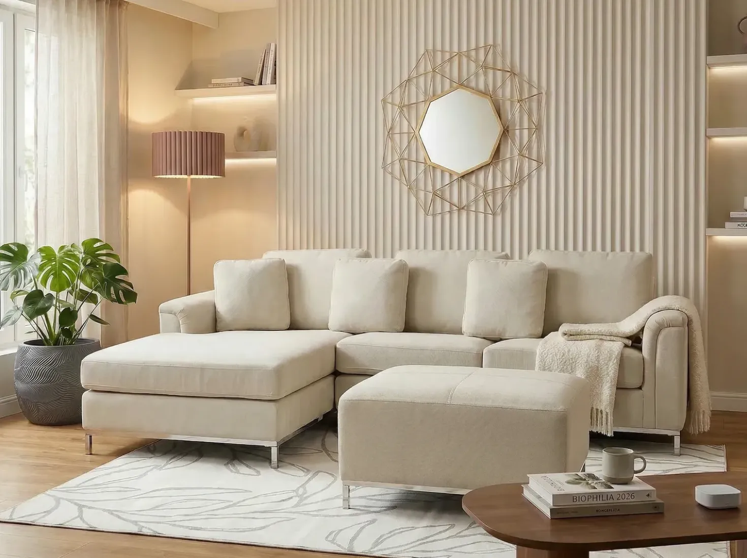 Divano angolare 5 posti OSLO Tessuto Beige con ottomana Lato destro