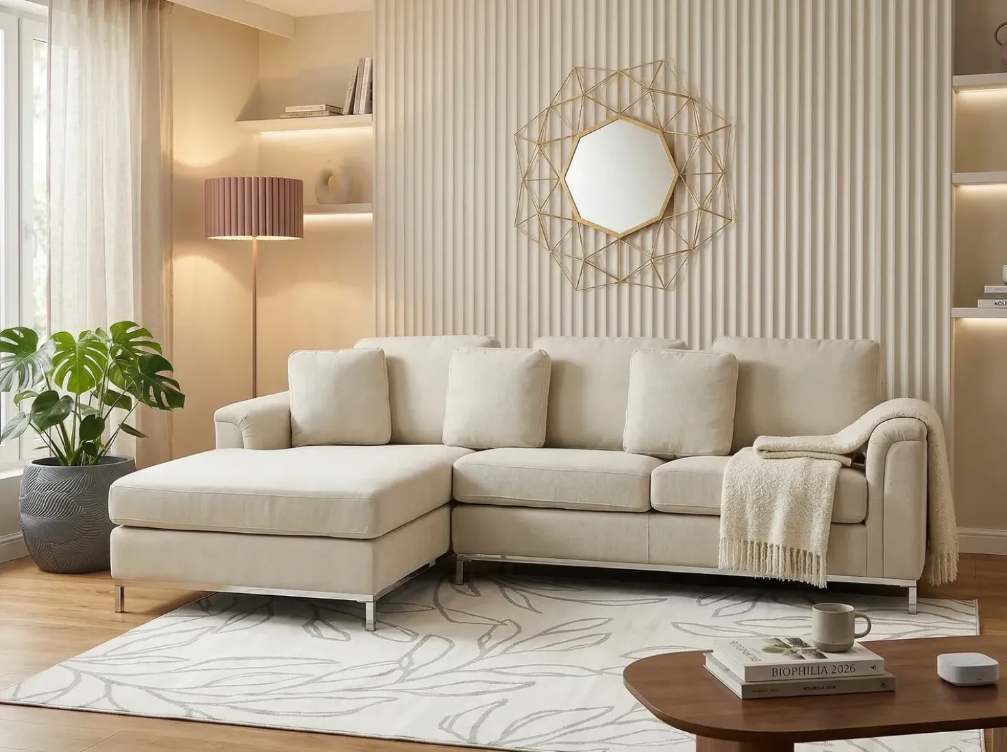 Divano angolare 5 posti OSLO Tessuto Beige con ottomana Lato destro