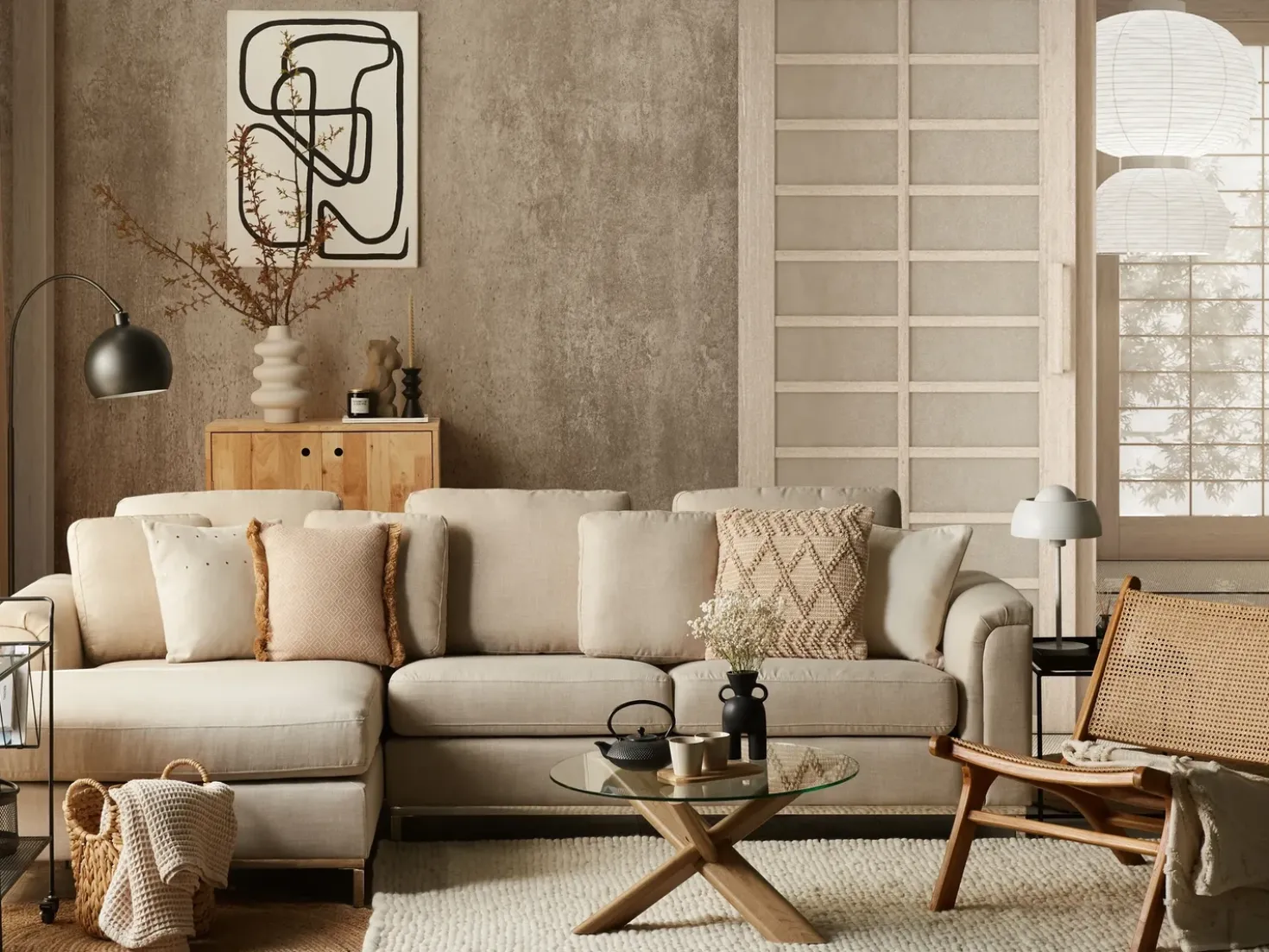 Divano angolare 4 posti OSLO Tessuto Beige Lato destro