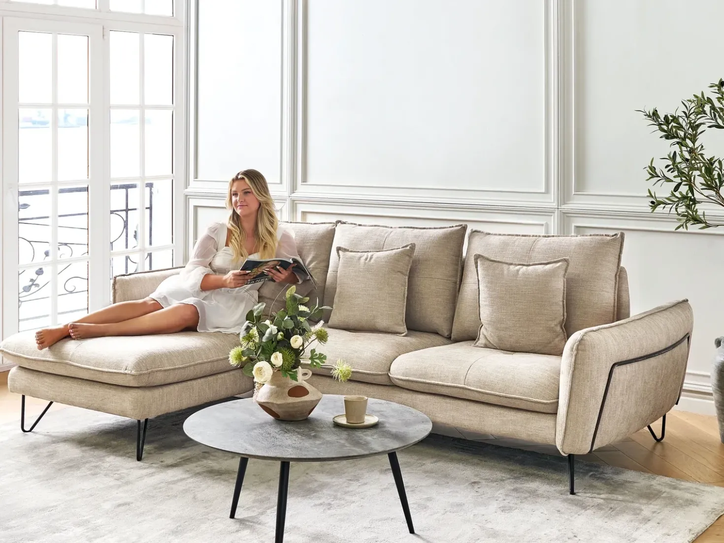 Divano angolare 3 posti SERSAN Ciniglia Beige Lato destro
