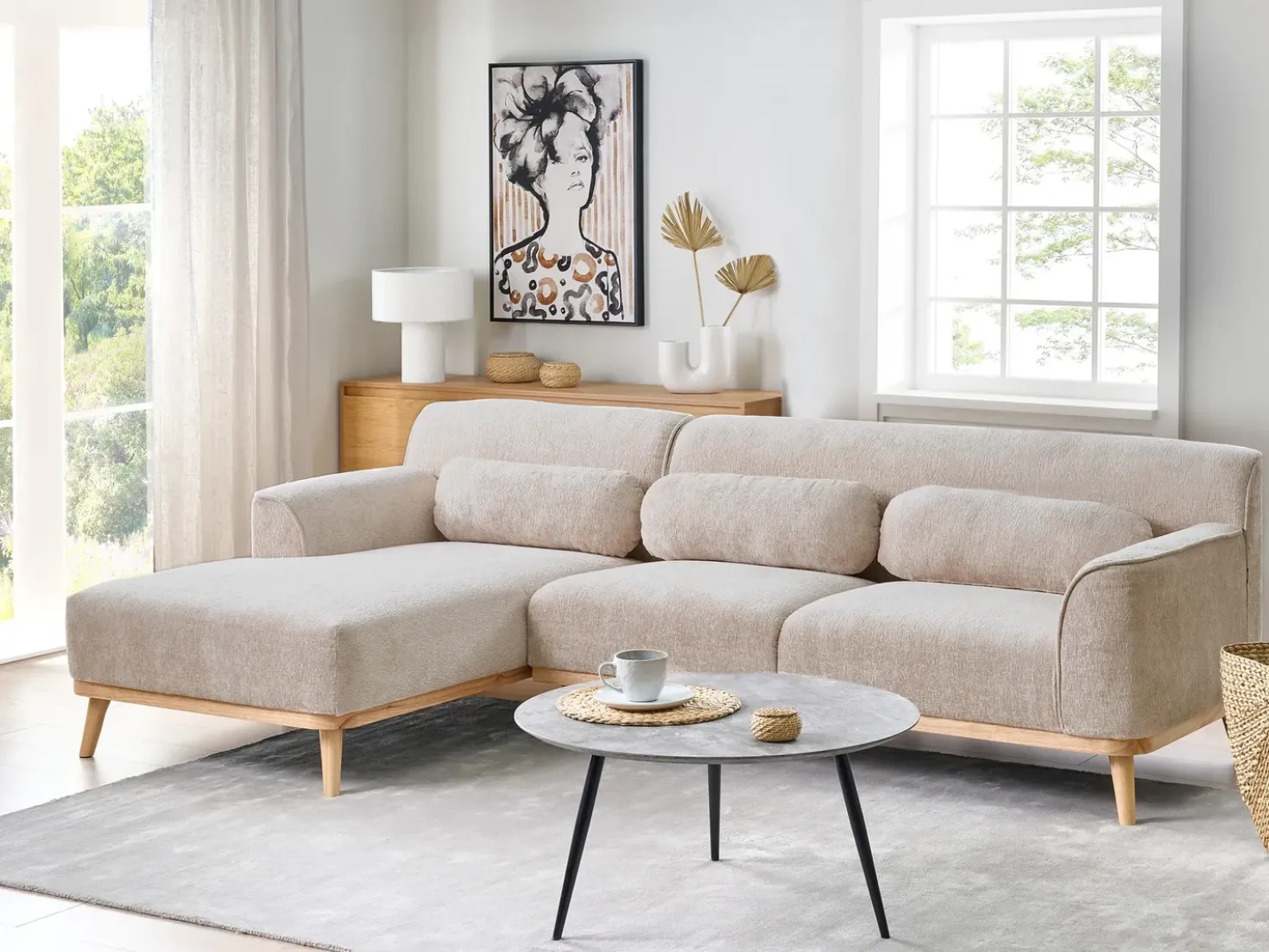 Divano angolare 3 posti SIMOS Ciniglia Beige Lato destro