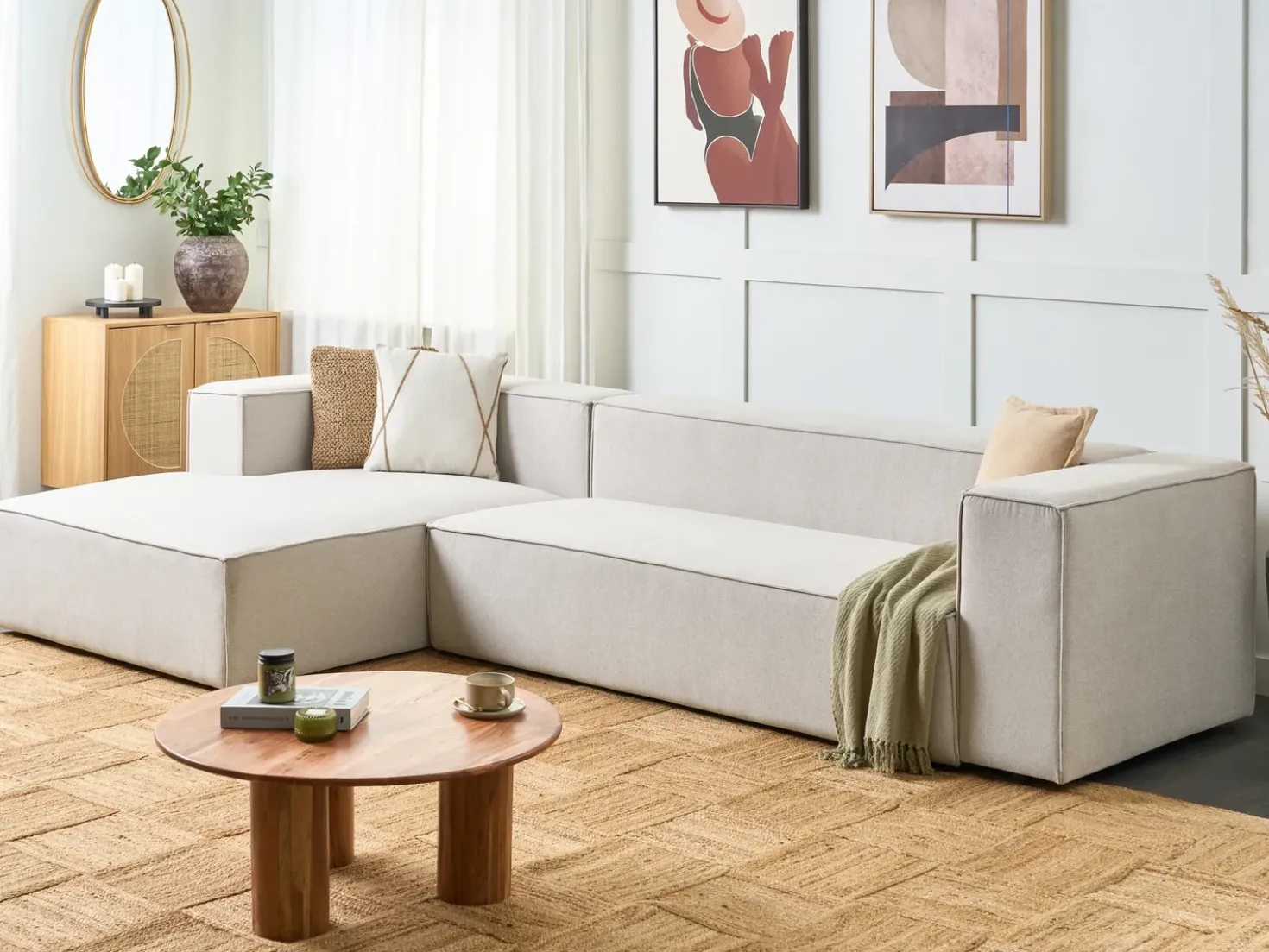 Divano angolare 3 posti VERNON Tessuto Beige chiaro Lato destro