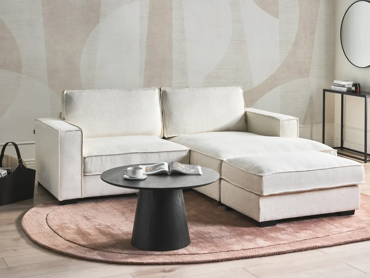 Divano angolare KOLDING Bouclé Beige chiaro con ottomana Lato Sinistro