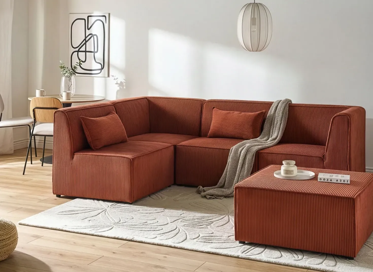 Divano angolare modulare 4 posti LEMVIG Velluto a coste Marrone dorato con ottomana Lato destro