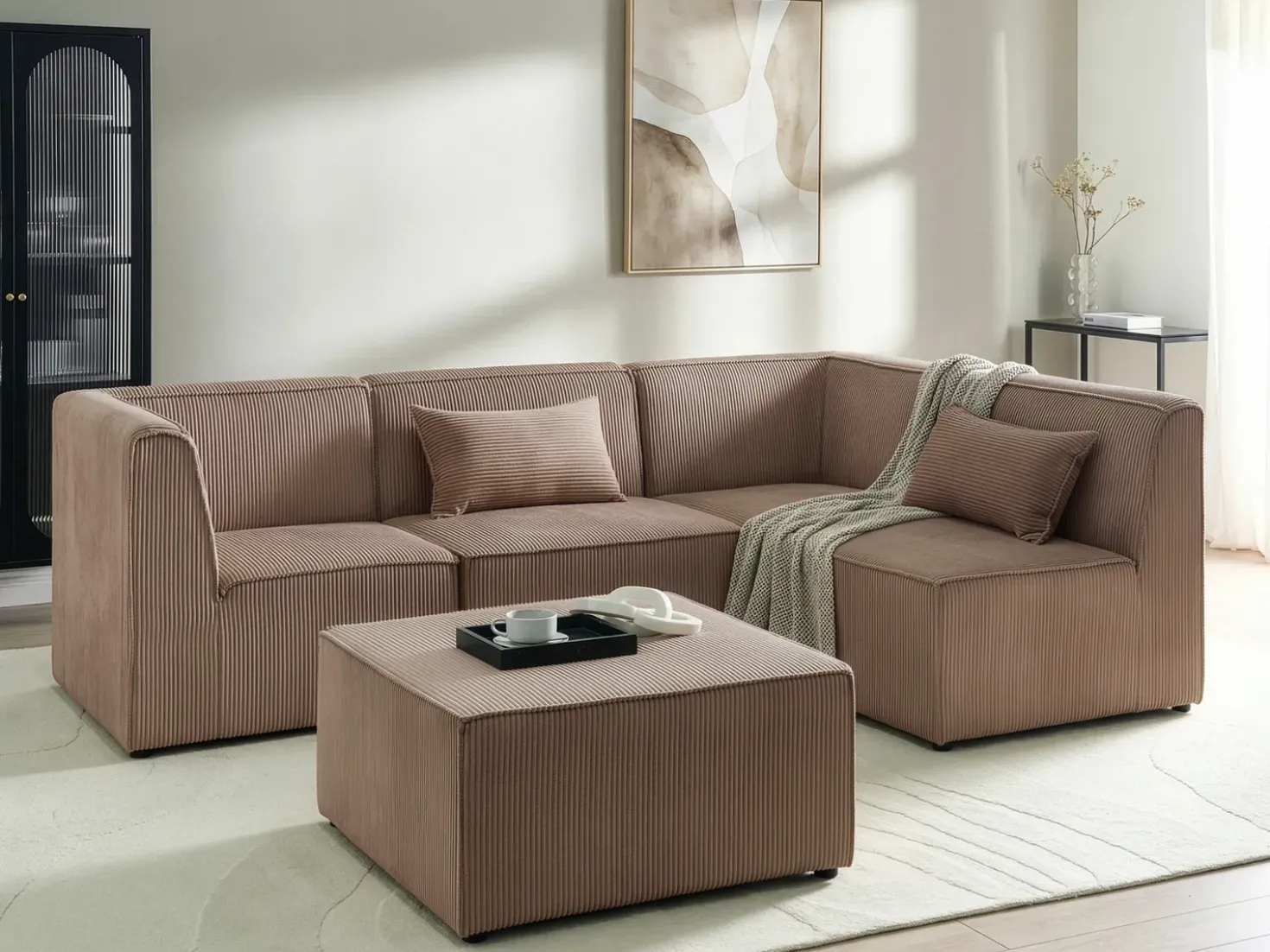 Divano angolare modulare 4 posti LEMVIG Velluto a coste Beige sabbia con ottomana Lato Sinistro