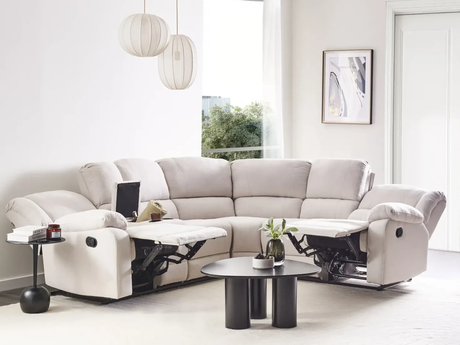 Divano angolare reclinabile manuale 5 posti ROKKE Tessuto Beige chiaro Lato Sinistro