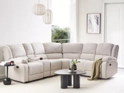 Divano angolare reclinabile manuale 5 posti ROKKE Tessuto Beige chiaro con porta USB Lato Sinistro