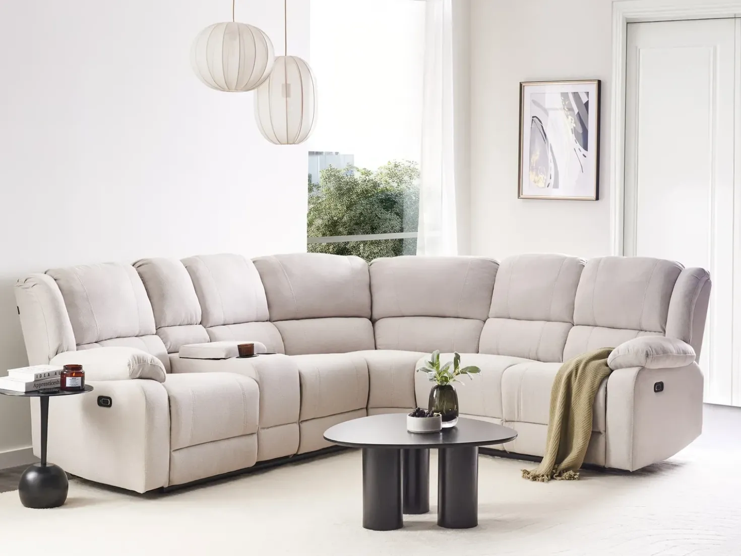Divano angolare reclinabile manuale 5 posti ROKKE Tessuto Beige chiaro con porta USB Lato Sinistro