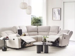 Divano angolare reclinabile manuale 5 posti ROKKE Tessuto Beige chiaro con porta USB Lato Sinistro