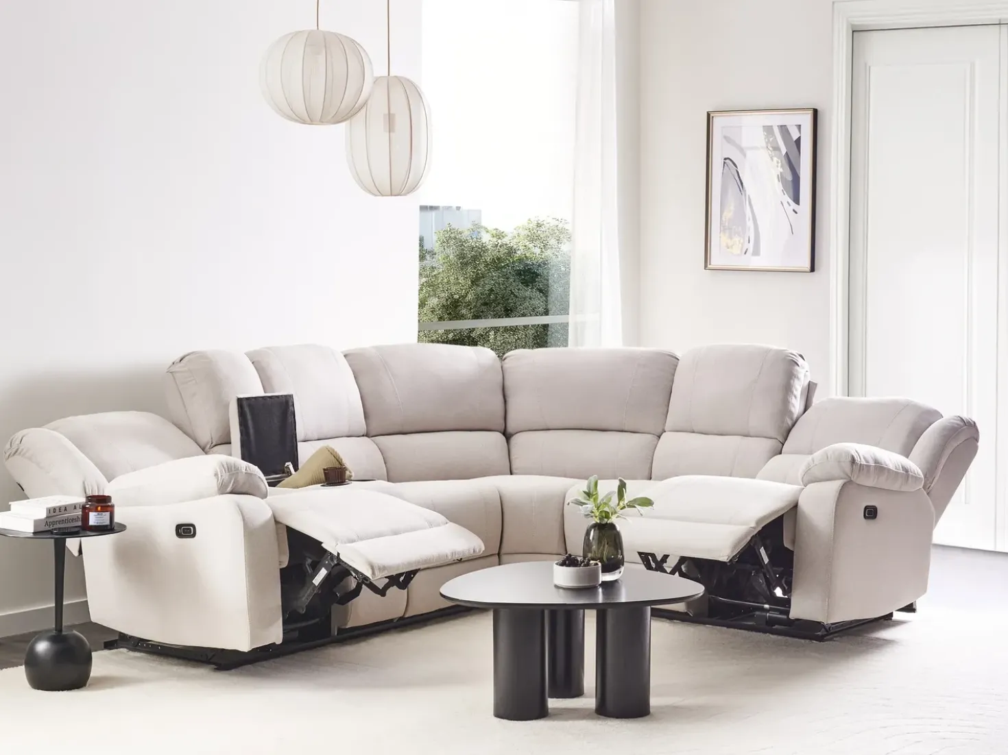 Divano angolare reclinabile manuale 5 posti ROKKE Tessuto Beige chiaro con porta USB Lato Sinistro