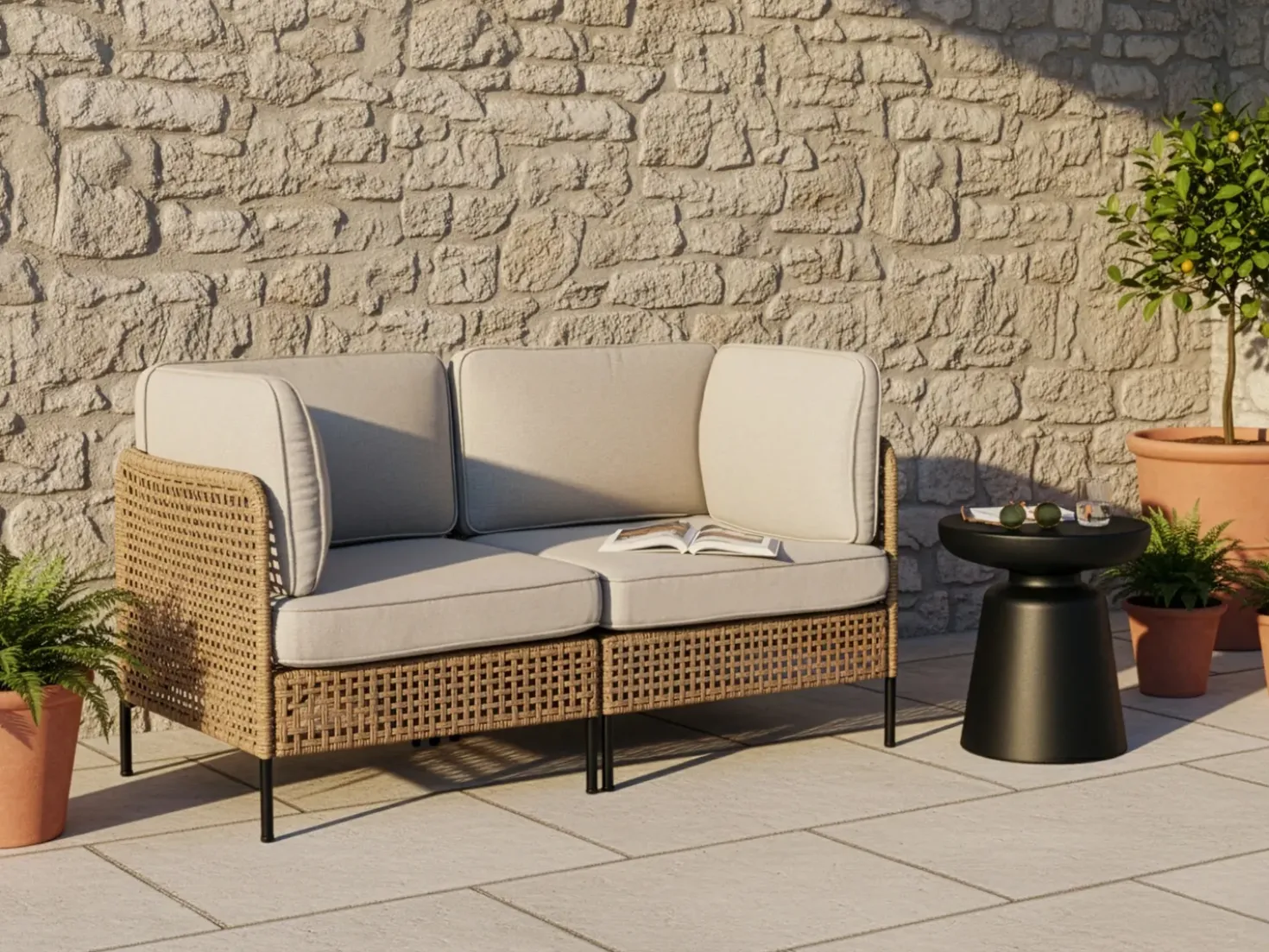 Divano da giardino 2 posti OMEGANA Rattan sintetico (PE) Beige chiaro