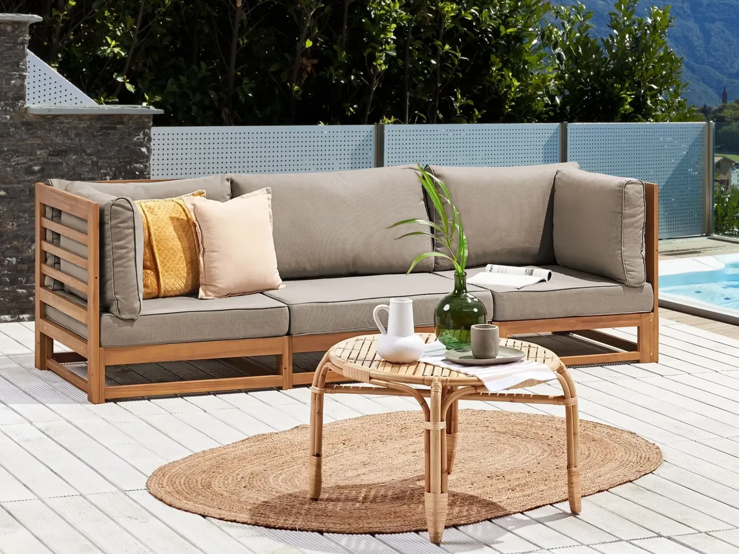 Divano da giardino 3 posti TRANI Modulare Legno di acacia certificato Marrone chiaro